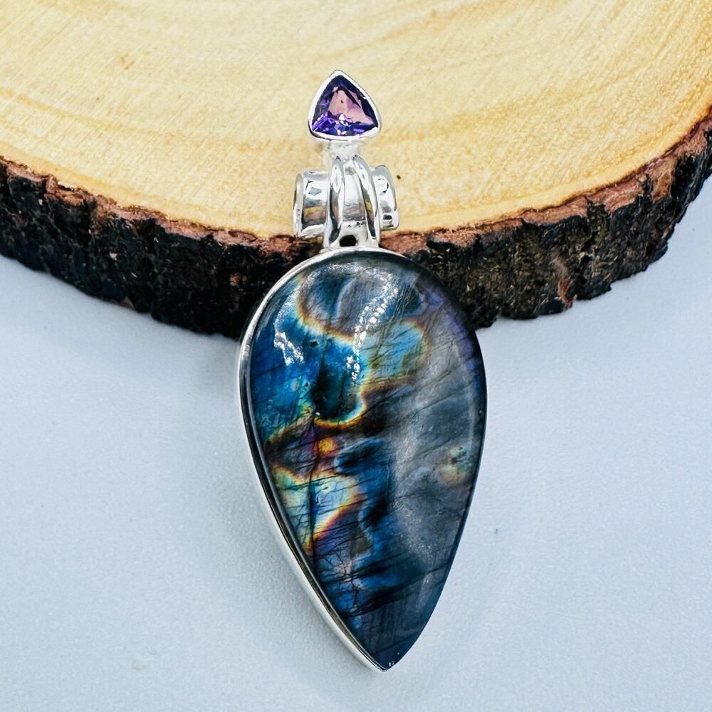 Purple Labradorite & Amethyst Pendant – Madagascar Gemstone, 925 Sterling Silver